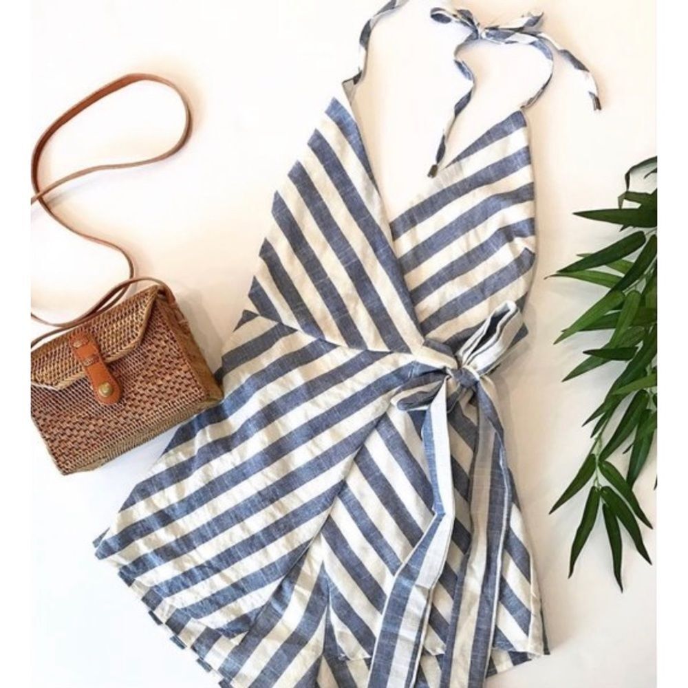 Striped Blue & White Tie-Waist Linen Romper
